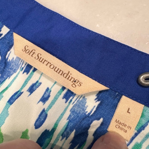 Soft Surroundings “Kirti Ikat”Women’s Top Blouse Sz L Blue & Green 3/4 Sleeves - Picture 5 of 12